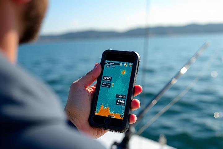 スマートフォンで魚群探知アプリのデモ画面、魚群と海底地形が表示されている