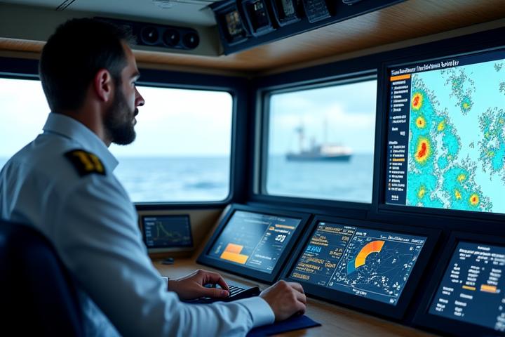 大型漁船のブリッジで表示される漁獲効率最適化ダッシュボード