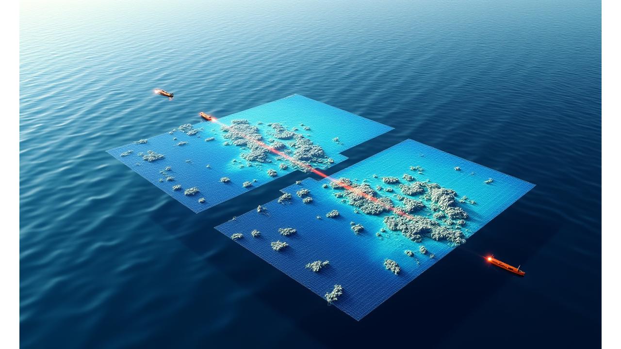 最新の精密海図データと従来の海図を比較する画像。高解像度の最新版が海底の詳細を鮮明に示している。