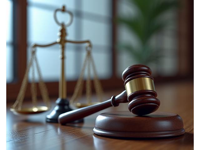 日本の裁判所の前にある天秤と木槌の画像